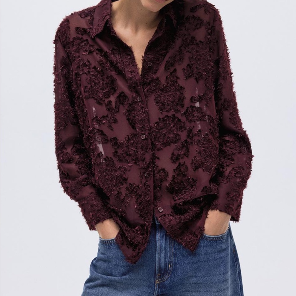 H&M Jacquard Weave Textured Burgundy Button-Up Blouse
